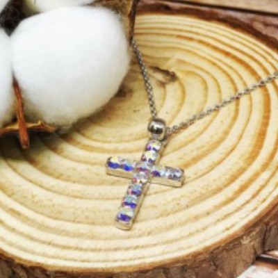 純銀-幻彩水晶十字架頸鍊