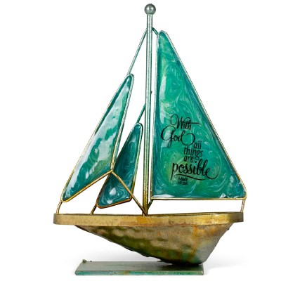 金屬帆船雕像裝飾擺設( with God All Things Possible 在上帝凡事都能 )(Matthew 19:26 )