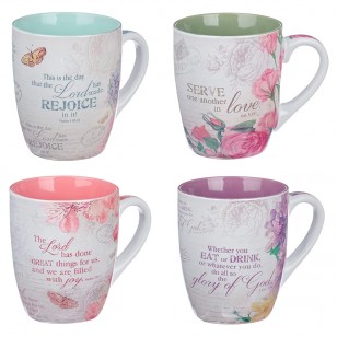 陶瓷女式咖啡/茶杯套裝_復古植物花卉靈感設計聖經經文杯子套裝 | 盒裝/4個咖啡杯