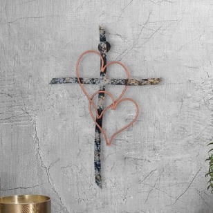 雙心焊接金屬牆十字架 13 x 9 英寸心形裝飾金屬牆十字架