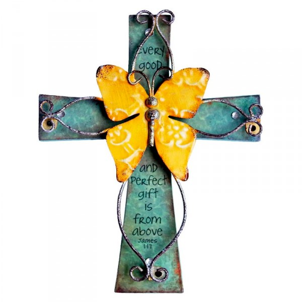 MelinSam 獨特木製十字架,復古金屬裝飾蝴蝶和鼓舞人心的祈禱,刻在十字架上