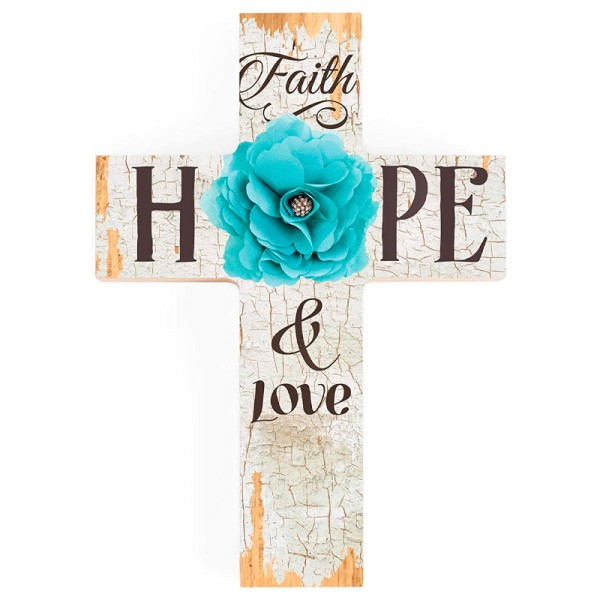 Faith Hope & Love 綠松石花仿舊 7 x 5 木製牆壁藝術十字架花紋