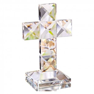 水晶十字架傳統立式十字架底座透明 4.7 x 3.1 英吋(約 11.9 x 7.9 公分)玻璃桌面小雕像
