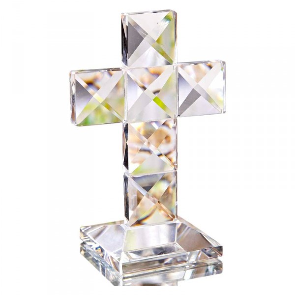 水晶十字架傳統立式十字架底座透明 4.7 x 3.1 英吋(約 11.9 x 7.9 公分)玻璃桌面小雕像