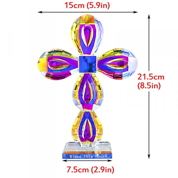 水晶十字架立式傳統十字架雕像 8.5 x 6.9 英吋(約 21.5 x 15.0 公分)玻璃工藝,適合聖誕節禮物 (彩色)