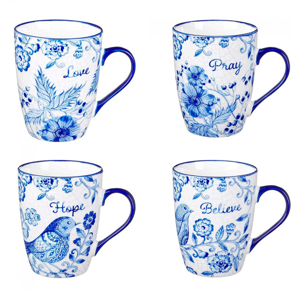 藍白花卉陶瓷杯套裝 4個杯套裝 (祈禱、愛、希望和相信)